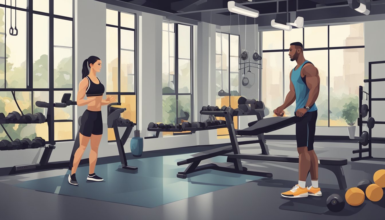 A personal trainer guiding a client through various exercises, emphasizing safety and proper form. A gym setting with equipment and motivational posters on the walls