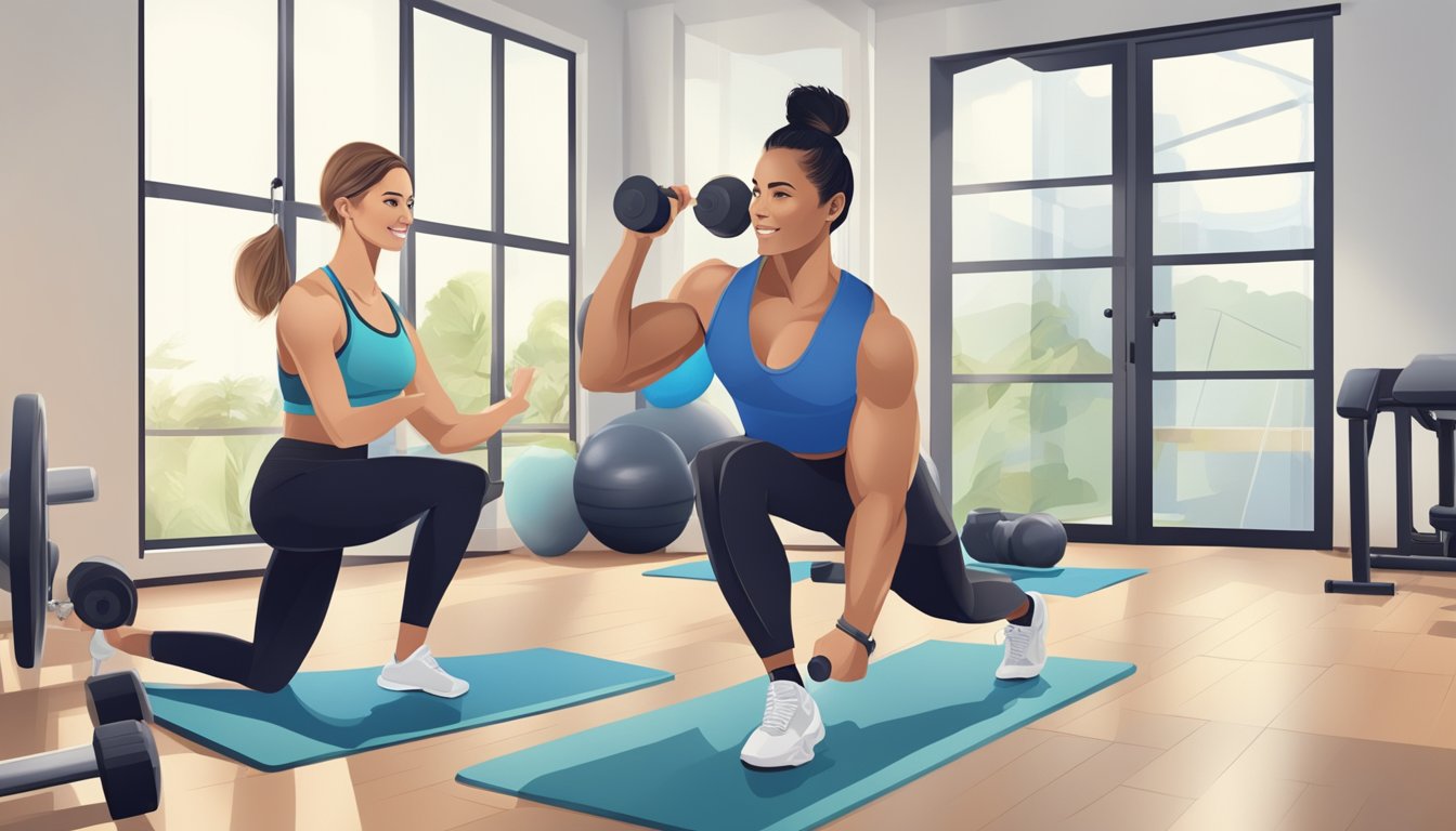 A personal trainer guiding a client through various exercises and providing nutritional advice