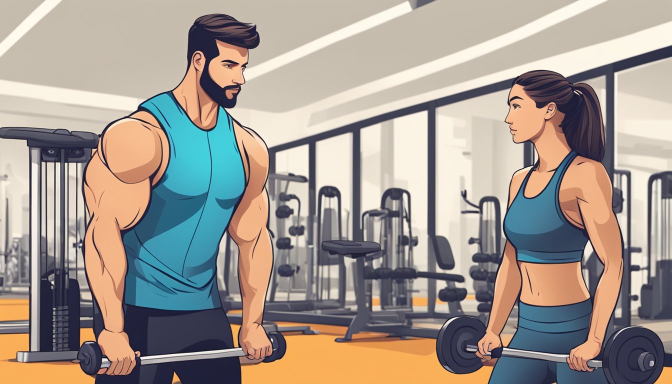 A personal trainer guiding a client through various exercises in a modern gym setting. The trainer is providing motivation and instruction while the client works on strength and flexibility