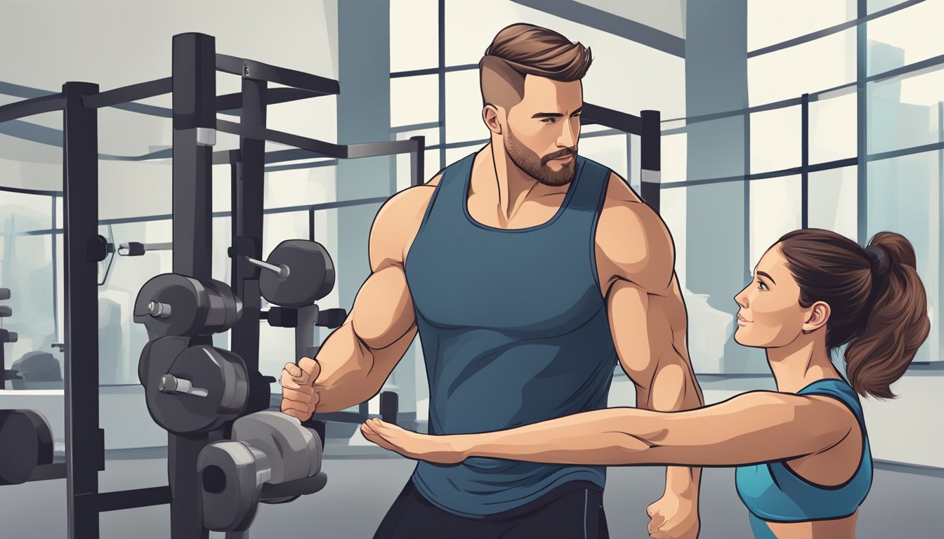 A personal trainer guiding a client through various exercises, demonstrating proper form and technique. The client is motivated and focused, while the trainer provides encouragement and support