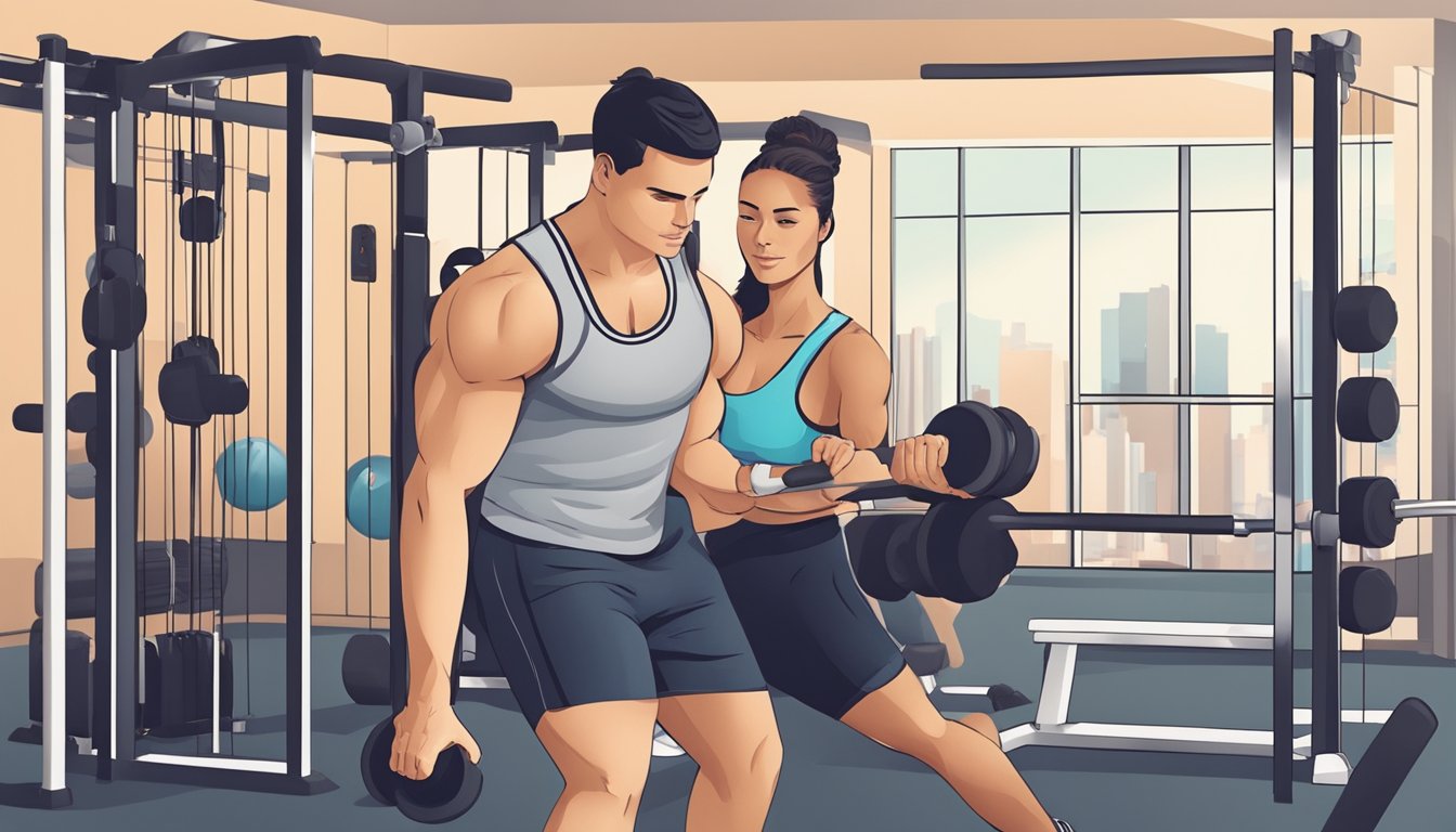 A personal trainer guiding a client through various exercises, demonstrating proper form and technique. The trainer provides motivation and support while the client works towards their fitness goals