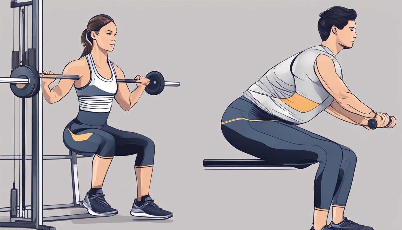 A person doing various exercises with a personal trainer, such as lifting weights, doing squats, and using resistance bands