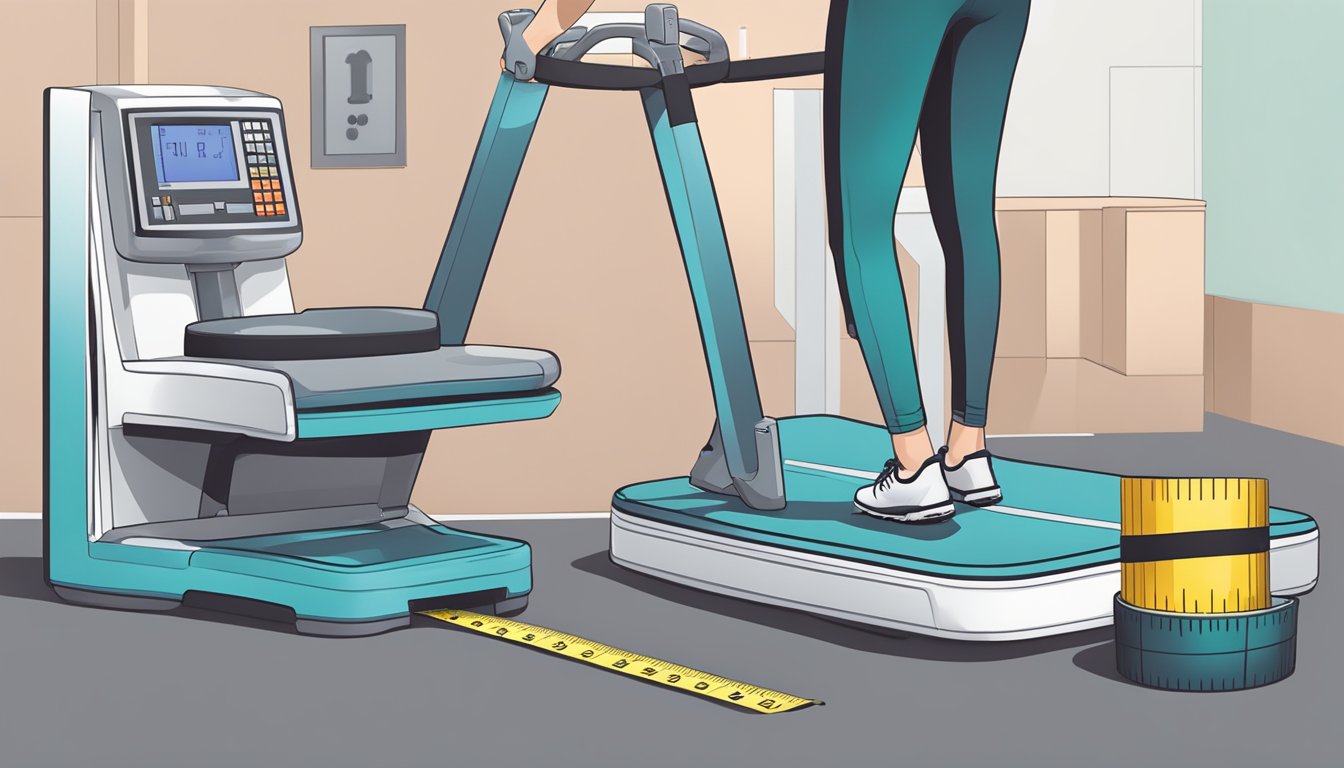 A person steps onto a scale, a tape measure wraps around a waist, and a trainer adjusts workout equipment