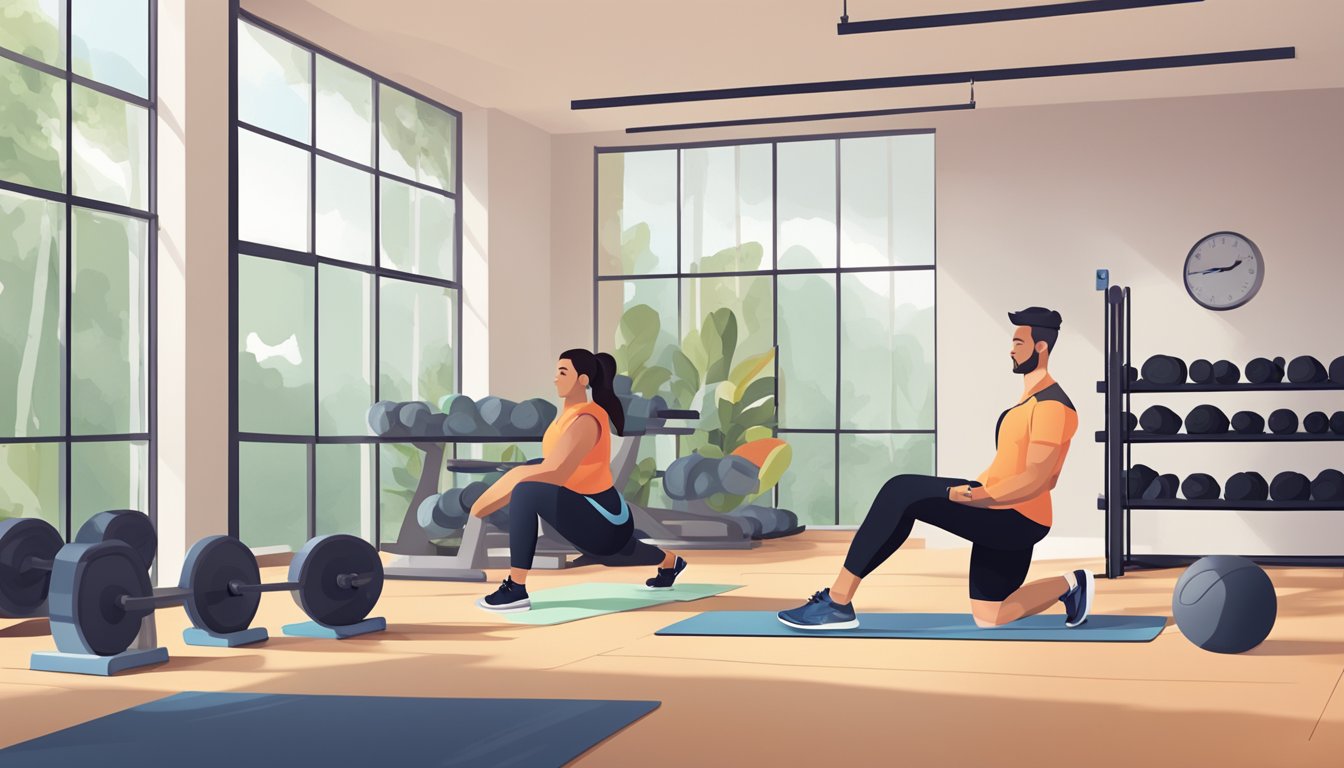 A person working out with a personal trainer, focusing on sustainable lifestyle changes and weight loss. The scene could include exercise equipment and healthy food choices