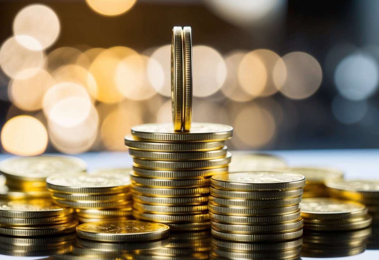 A pile of shiny gold coins stacked on top of each other, with a single coin standing upright in the center, reflecting the light