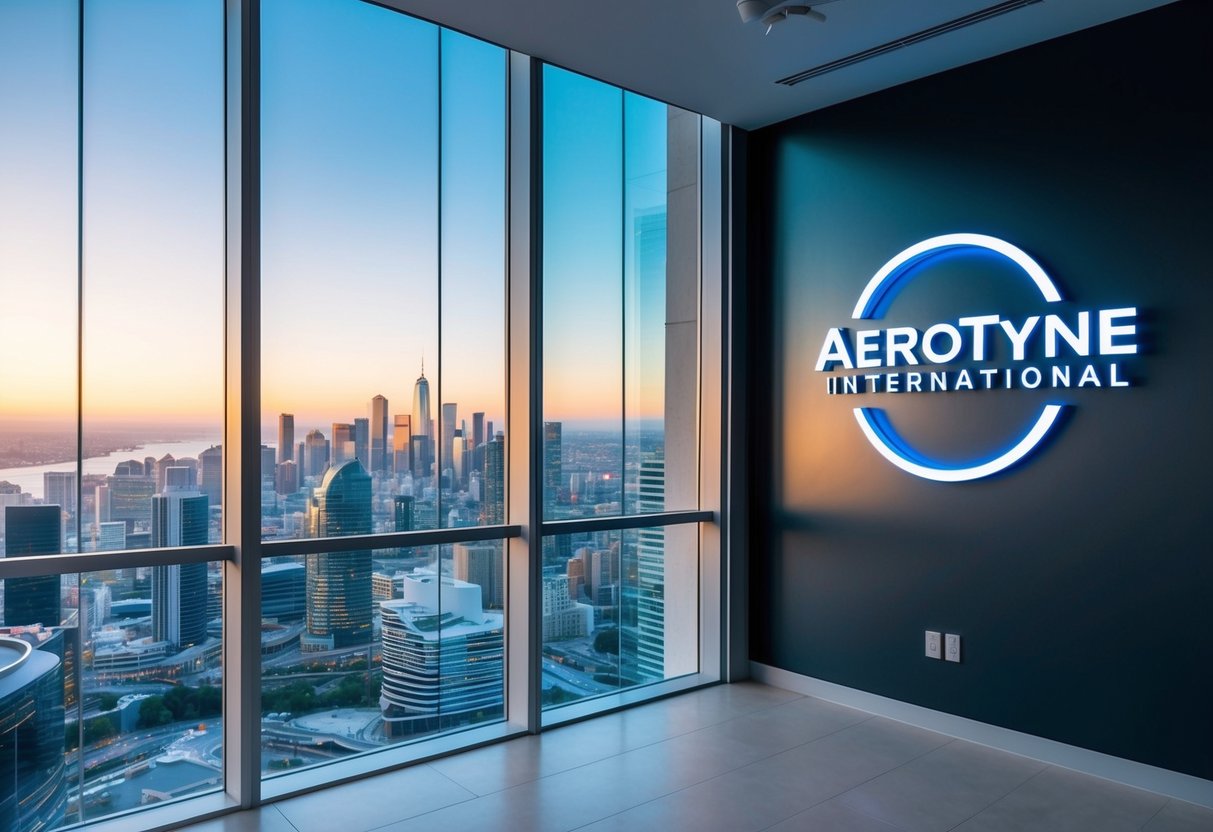 A sleek, modern office with a large, glass window overlooking a bustling city skyline. A futuristic logo of Aerotyne International displayed prominently on the wall