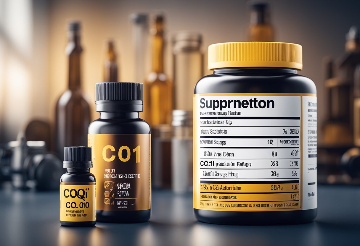 A bottle of CoQ10 supplement next to a testosterone level chart, with a muscular figure in the background