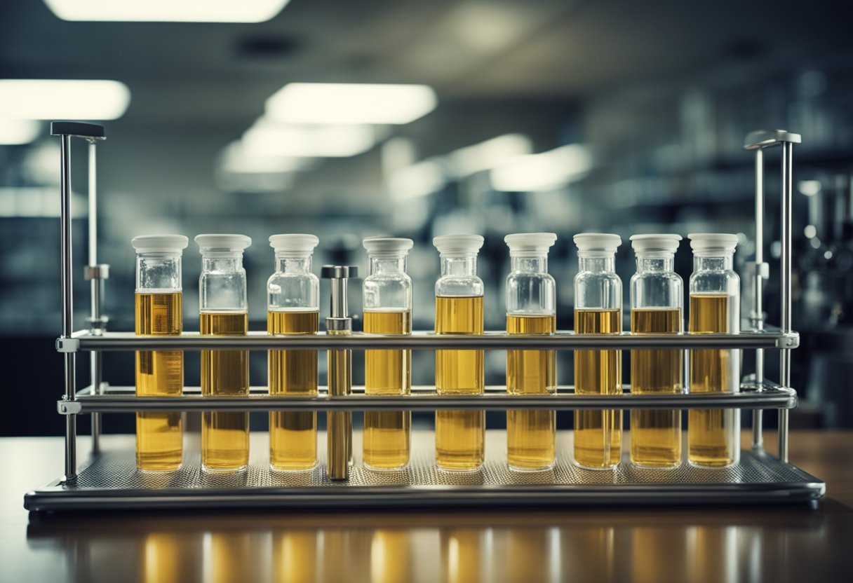 A scientific laboratory setting with vials, test tubes, and scientific equipment. A bottle of CoQ10 prominently displayed on a shelf