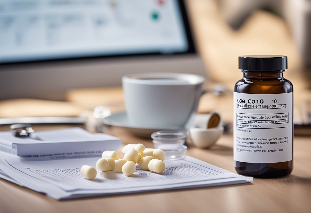 A bottle of CoQ10 supplement surrounded by scientific research papers and a list of potential side effects