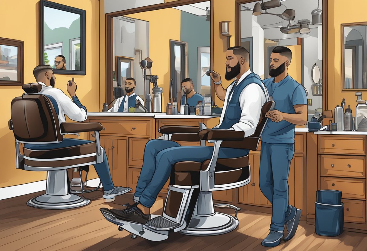 A barber's chair with a client getting a clipper cut and a buzz cut, with the barber using different tools for each style