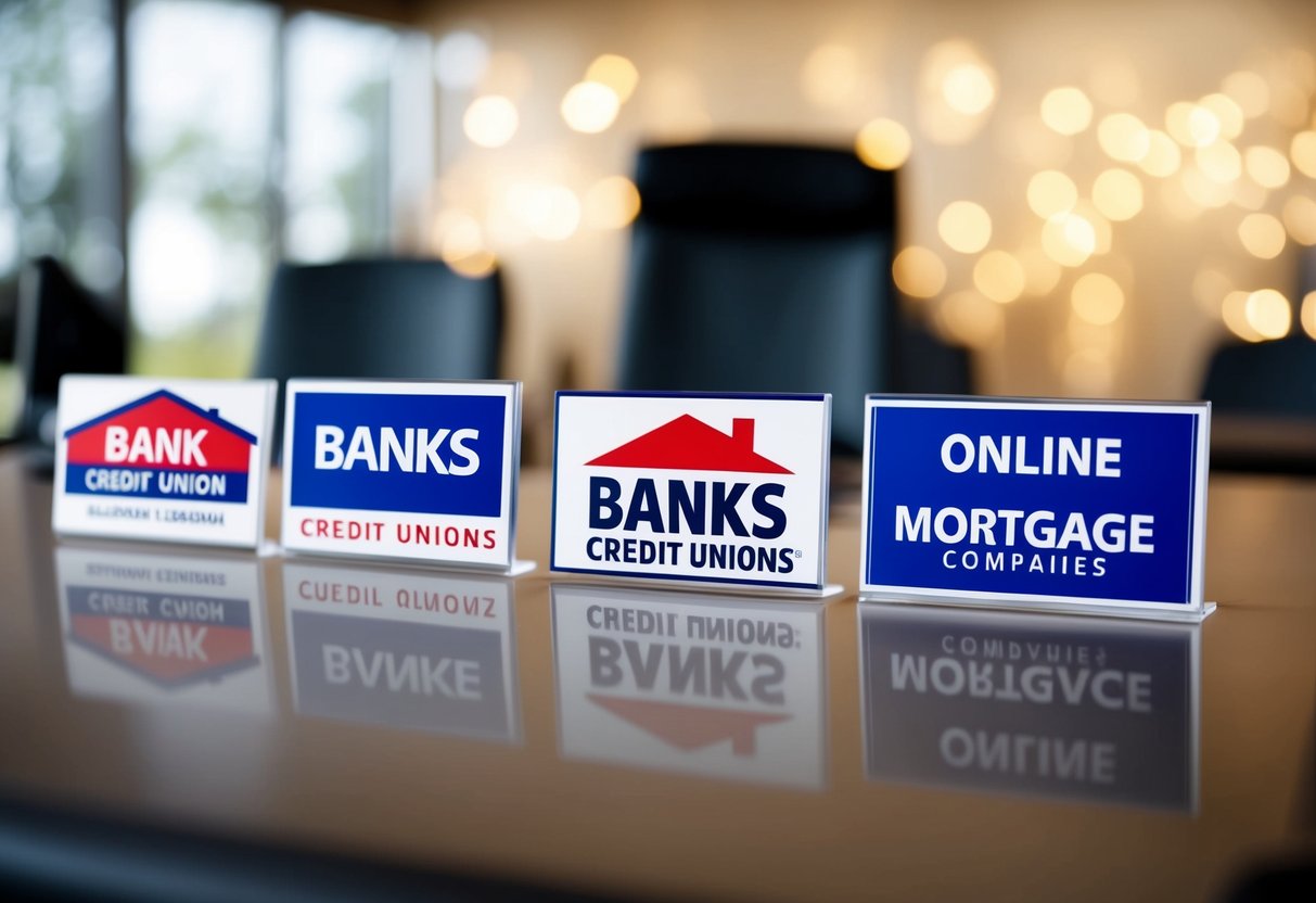 Various home loan lenders in a row, including banks, credit unions, and online mortgage companies. Each lender's logo is prominently displayed above their respective desks