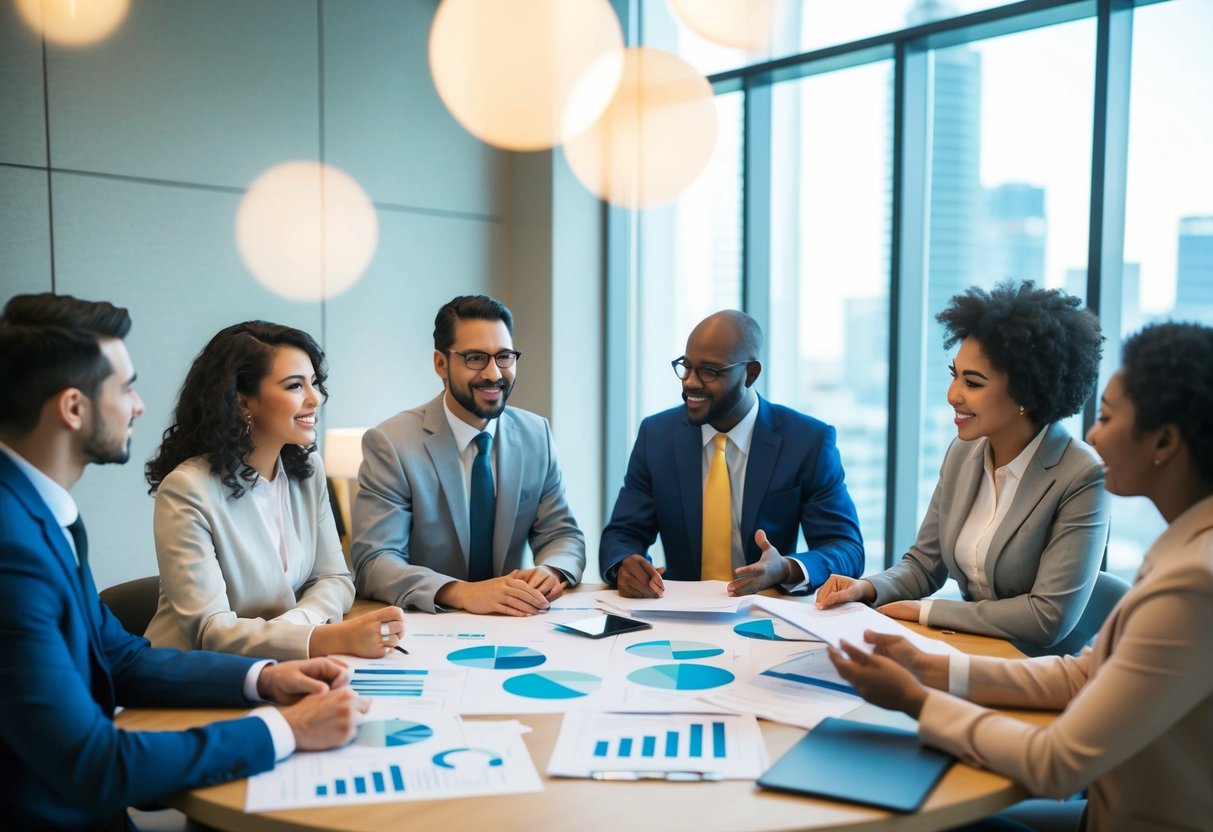 A group of diverse individuals sit around a table, discussing different types of home loan lenders. Charts, graphs, and paperwork are scattered across the table as they engage in a lively conversation