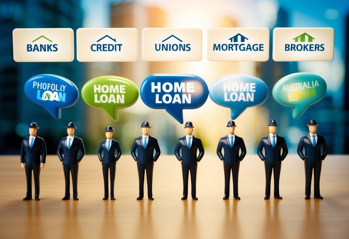 A group of home loan lenders in Australia, including banks, credit unions, and mortgage brokers, standing in a row with various loan options displayed above them