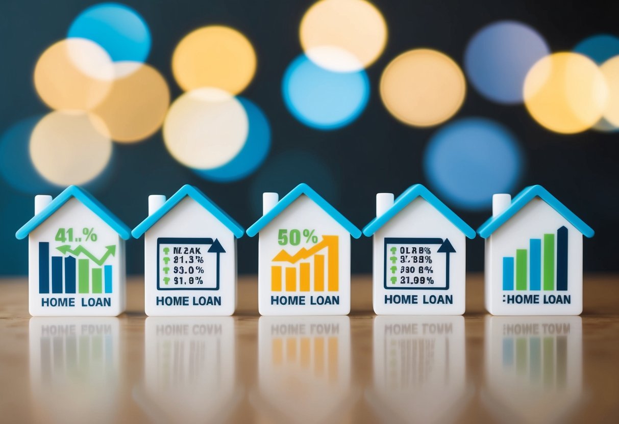 A group of home loan lenders are displayed side by side, each with their own set of features and benefits. Graphs and charts show interest rates, repayment terms, and other key details