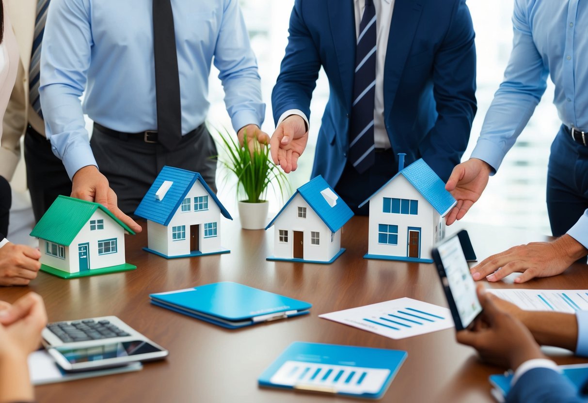 A group of different types of home loan lenders are gathered around a table, each presenting their offers and discussing the various options available