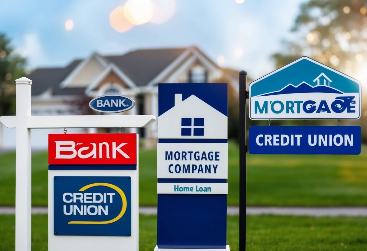 Different types of home loan lenders: a bank, a mortgage company, and a credit union. Each with their own logo and signage