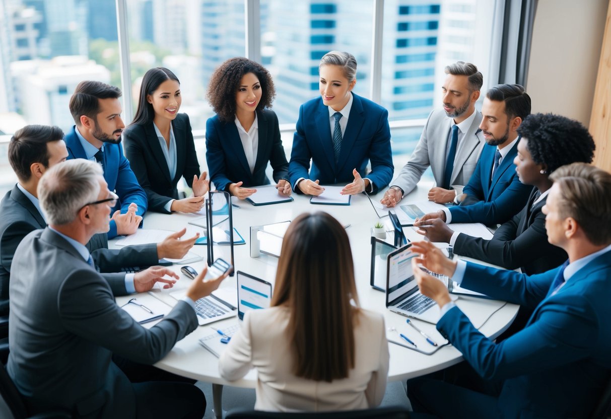 A diverse group of people with different backgrounds and professions gather around a table, discussing and exchanging information about various types of home loan lenders