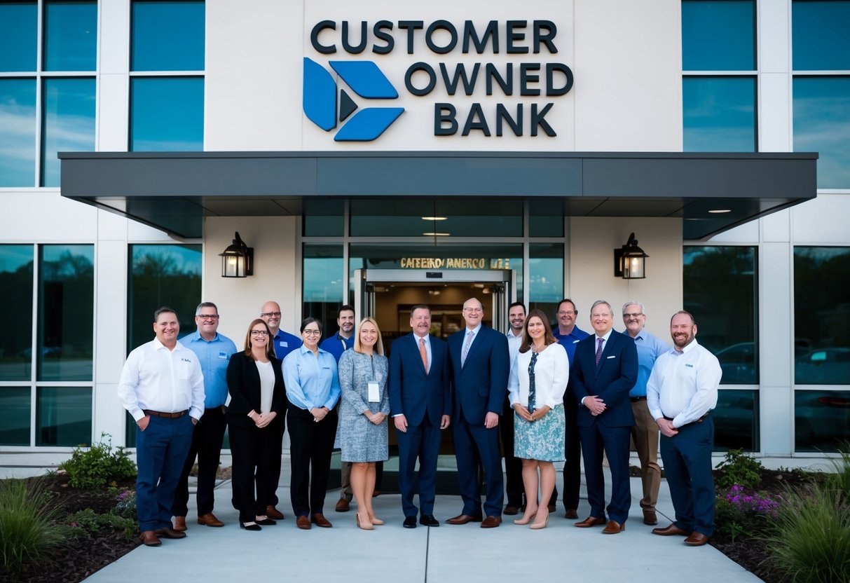 A group of people standing in front of a building with a sign that reads "Customer Owned Bank." The building has a modern design with large windows and a welcoming entrance