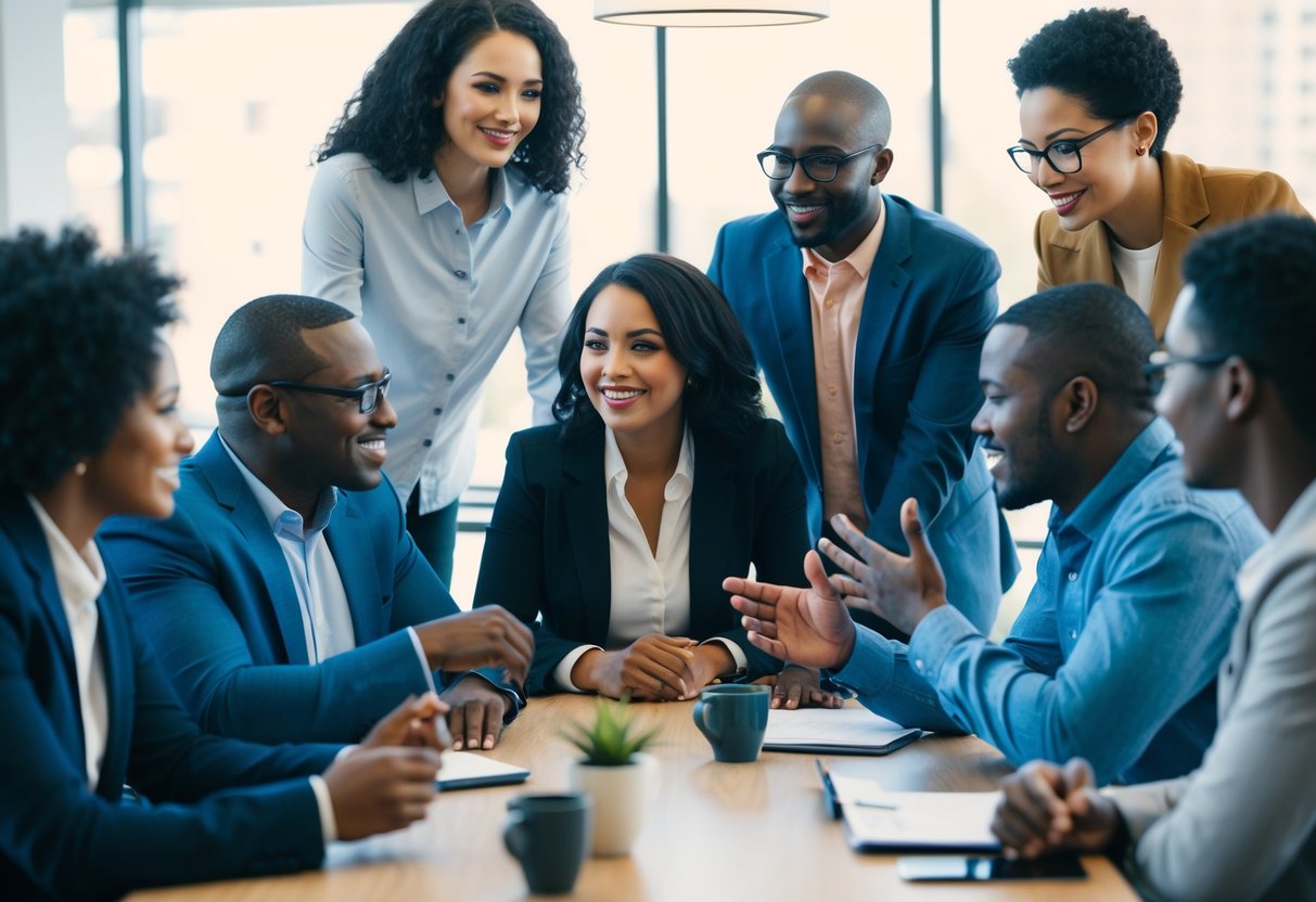 A group of diverse individuals gather around a table, engaged in conversation and exchanging ideas. A sense of collaboration and community is evident in the atmosphere