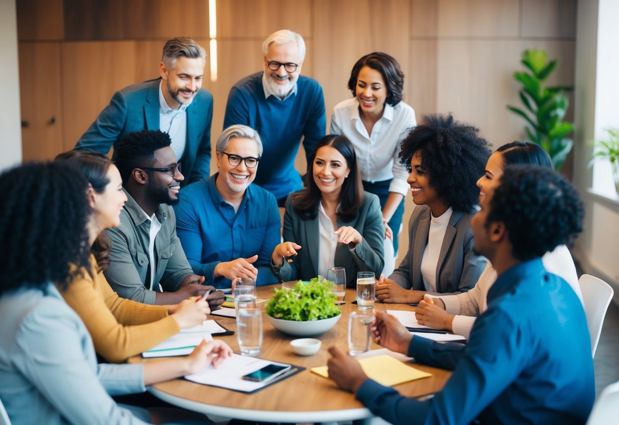 A diverse group of people from different backgrounds and ages are gathered around a table, engaged in lively conversation and exchanging ideas. The atmosphere is warm and friendly, with a sense of collaboration and community