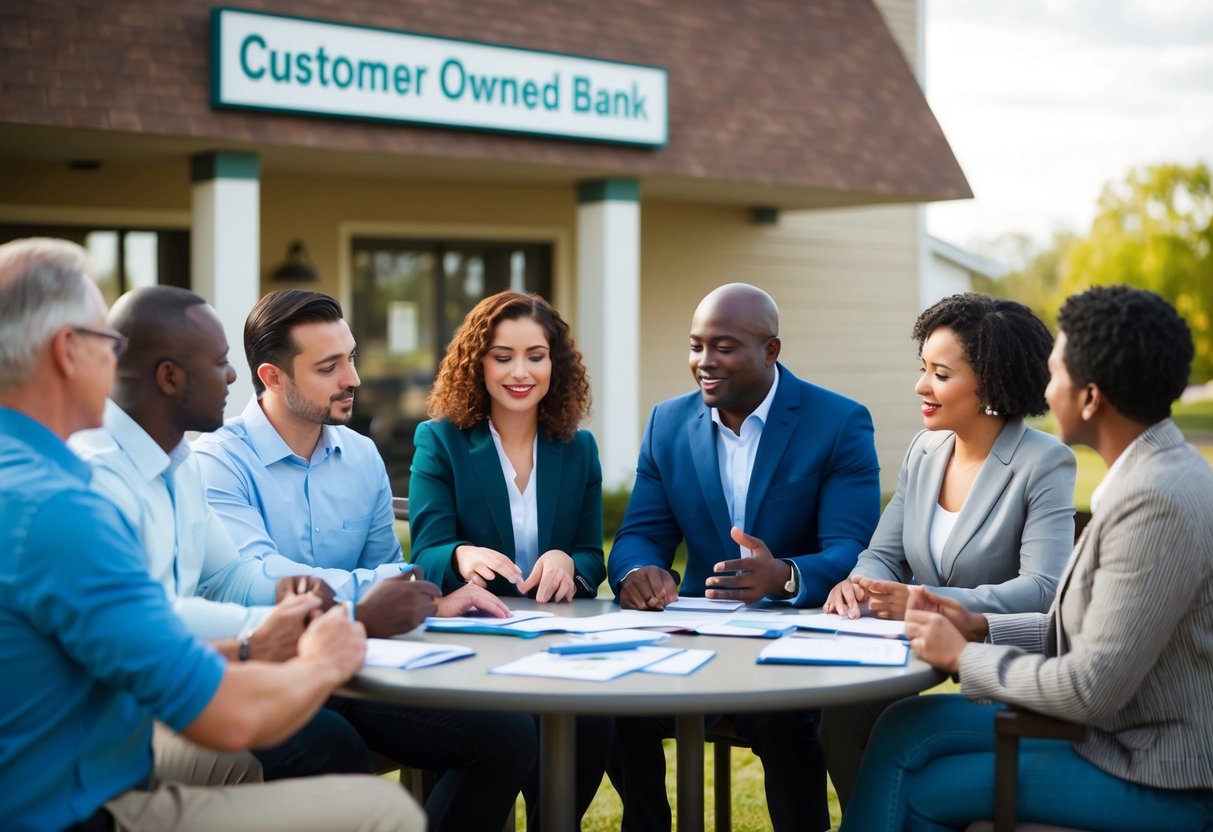 A group of people gather in a community setting, discussing finances and making decisions together. A building with a sign reading "Customer Owned Bank" stands in the background