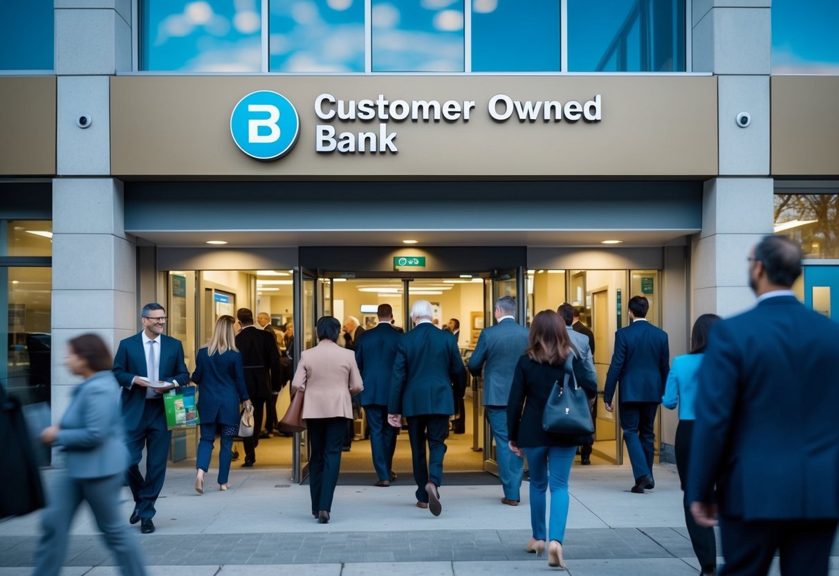 A customer owned bank with a logo on a building, surrounded by people entering and exiting. The scene depicts a bustling and vibrant financial institution