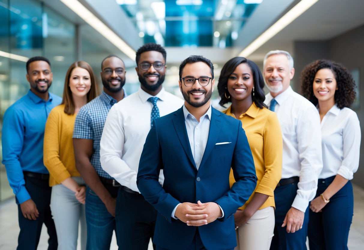 A customer-owned bank symbolized by a diverse group of people standing together, representing the community and inclusivity. The bank is depicted as a modern, welcoming space with a focus on technology and personalized service