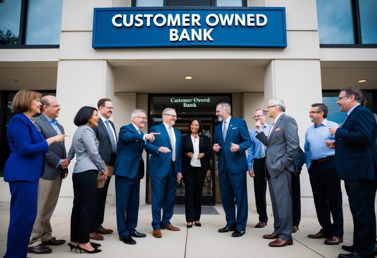 A group of people gather around a bank building, pointing and discussing. The building stands prominently with a sign displaying "Customer Owned Bank" above the entrance