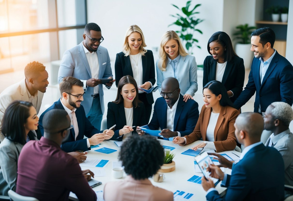 A diverse group of people gather in a welcoming, modern space. They engage in financial activities and discussions, displaying a sense of community and cooperation