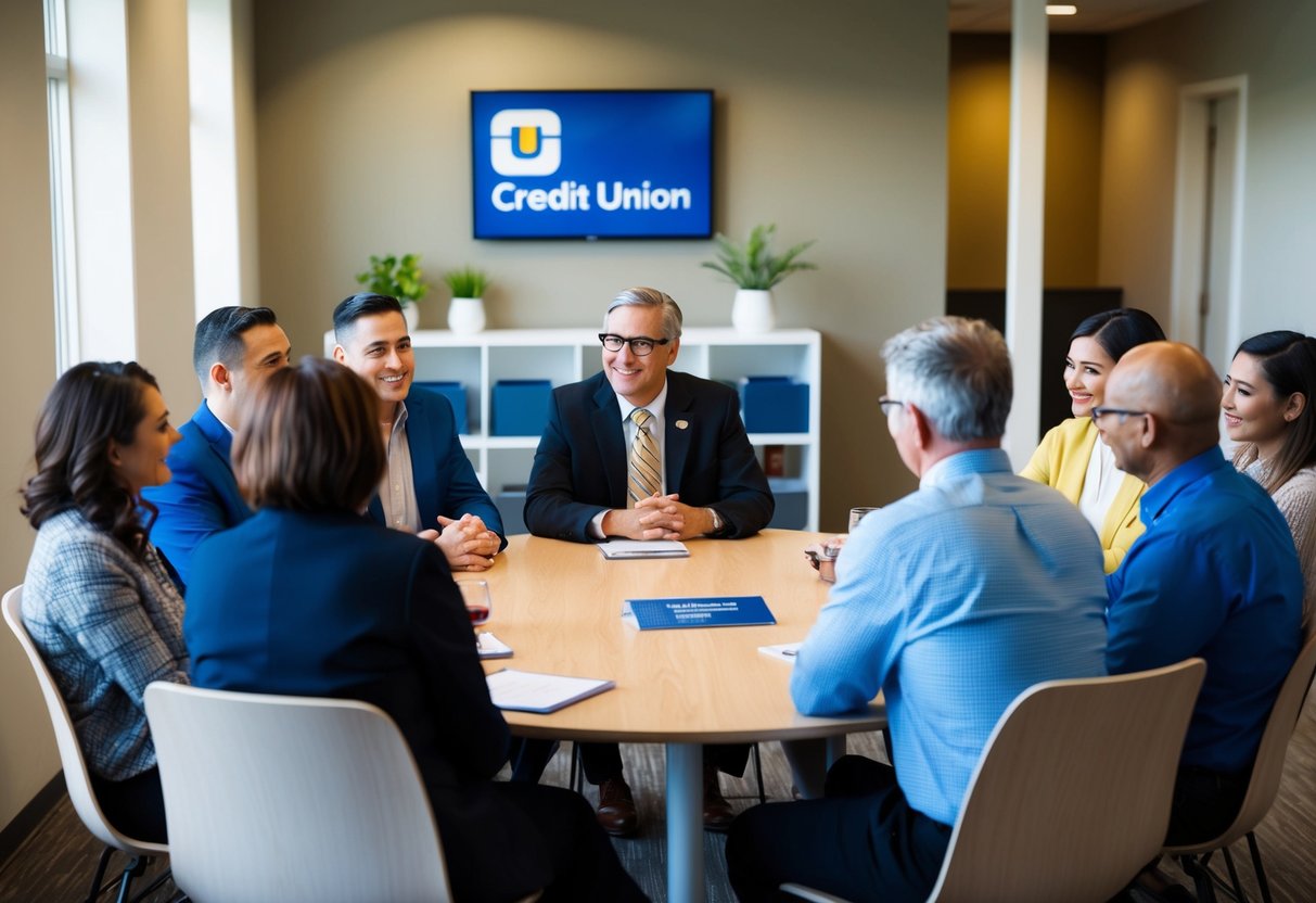 A group of people gather in a welcoming space, discussing financial matters and community support. A credit union sign is visible