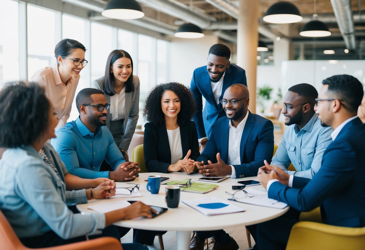 A group of diverse individuals gather in a welcoming, inclusive space, discussing financial matters and exchanging ideas. The atmosphere is friendly and collaborative, with a sense of shared ownership and community