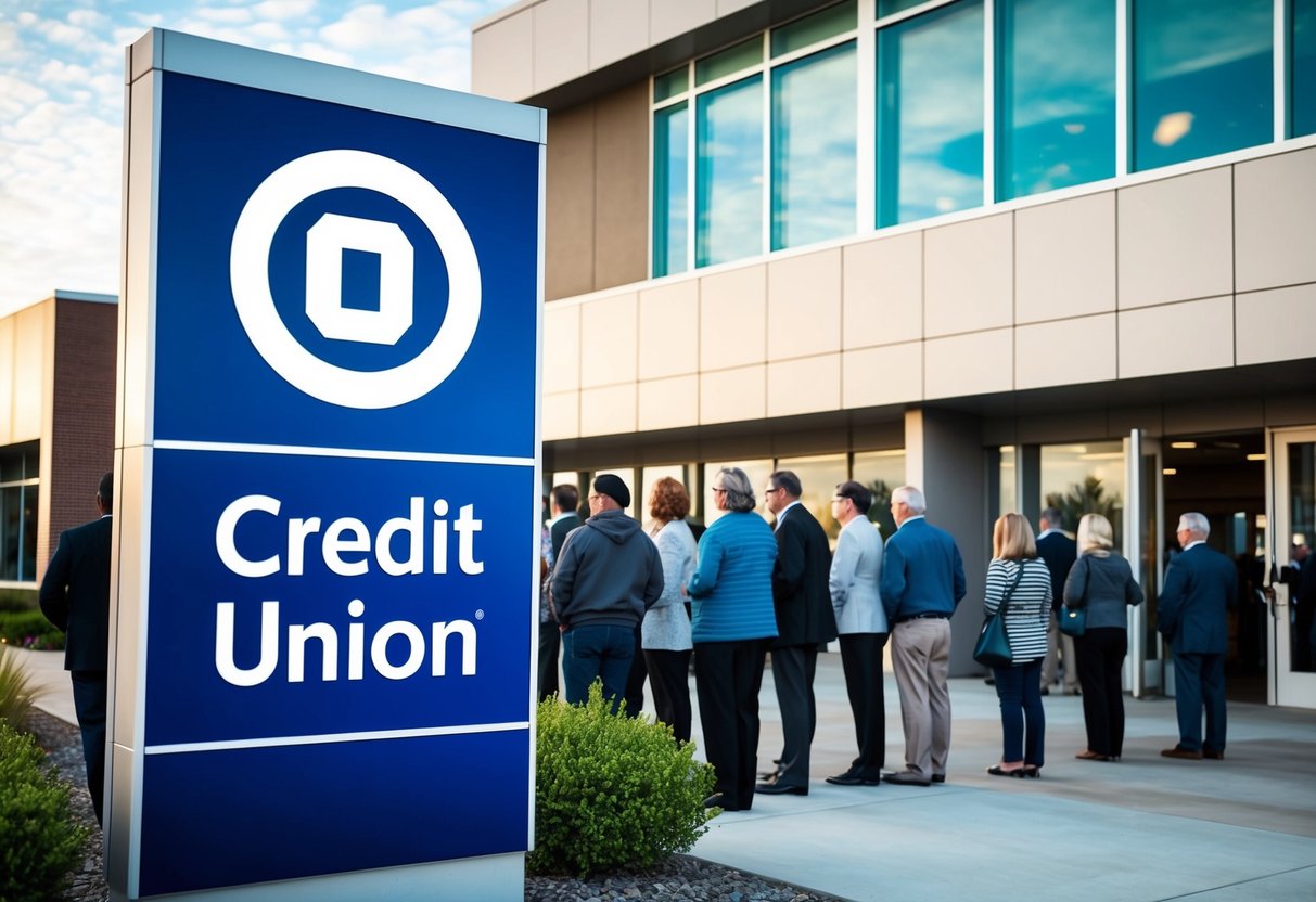 A credit union logo displayed on a sign outside a modern building with a line of people waiting to enter