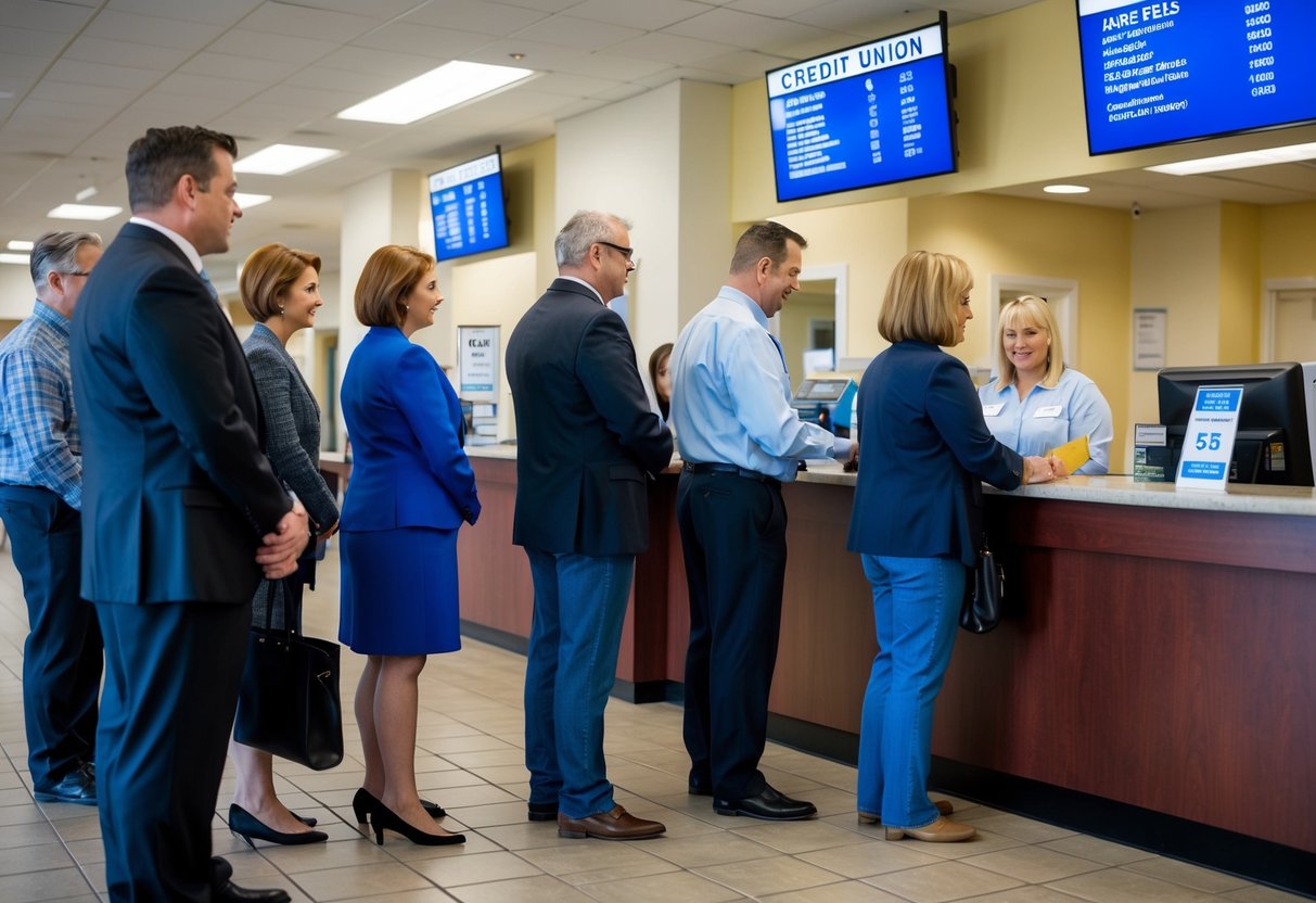 A group of people standing in line at a credit union, with a teller assisting a member at the counter. Signs displaying rates and fees are visible