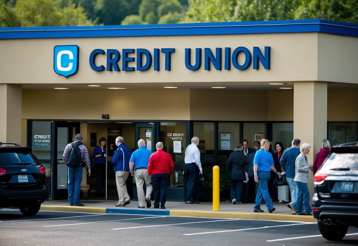 A credit union is a building with a sign displaying its name. People are entering and leaving, while others are waiting in line inside. The building is surrounded by a parking lot and some greenery