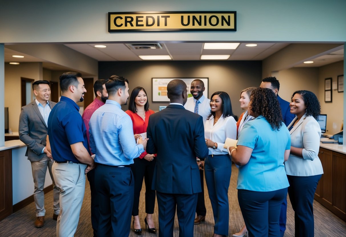 A group of people gather in a welcoming office, discussing financial services with friendly staff. A sign above reads "Credit Union."