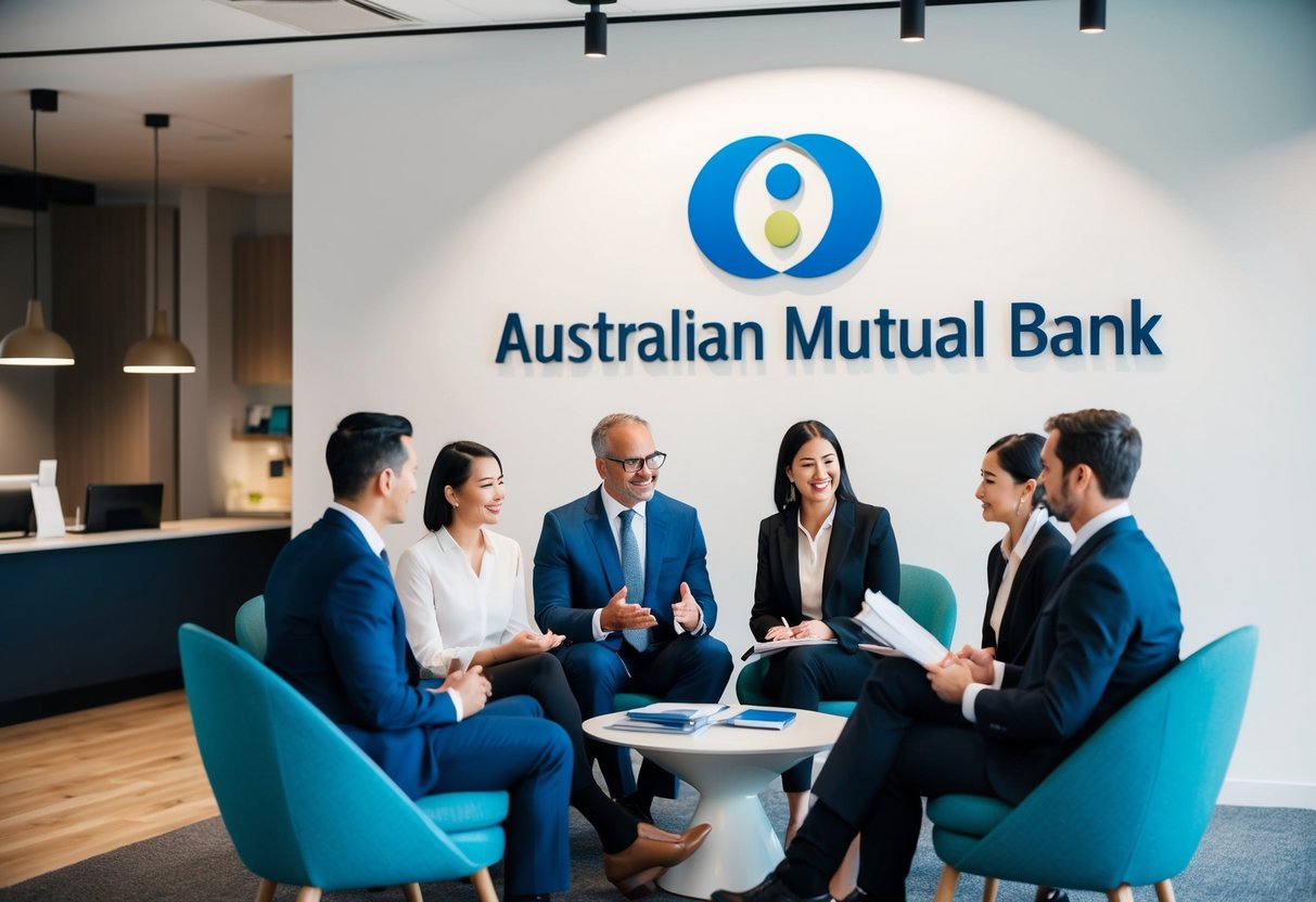 An Australian Mutual Bank: a group of people discussing financial matters in a modern office setting with the bank's logo prominently displayed