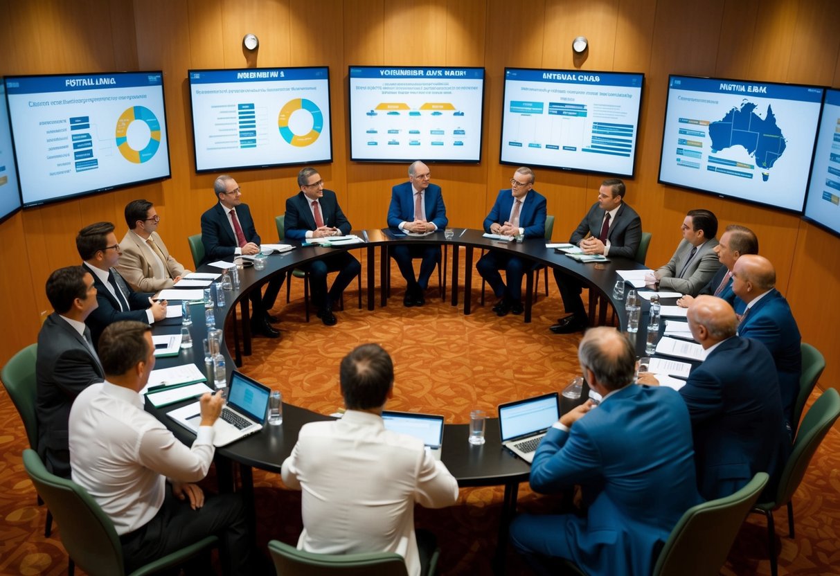 A group of individuals gather to discuss a mutual bank's membership and ownership structure in Australia. Tables and chairs are arranged in a circle, with charts and diagrams displayed on the walls