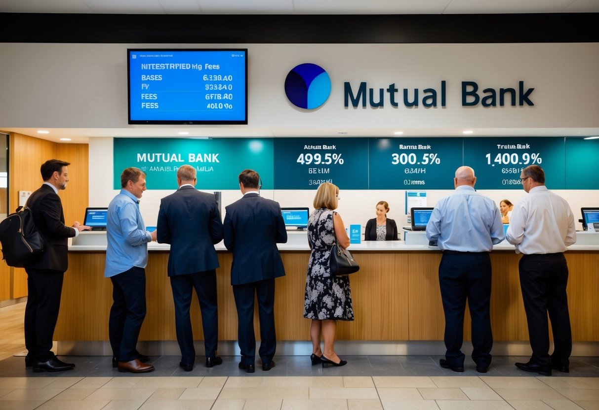 A mutual bank in Australia, with interest rates and fees displayed on a digital screen. Customers wait in line, while bank staff assist at the counter