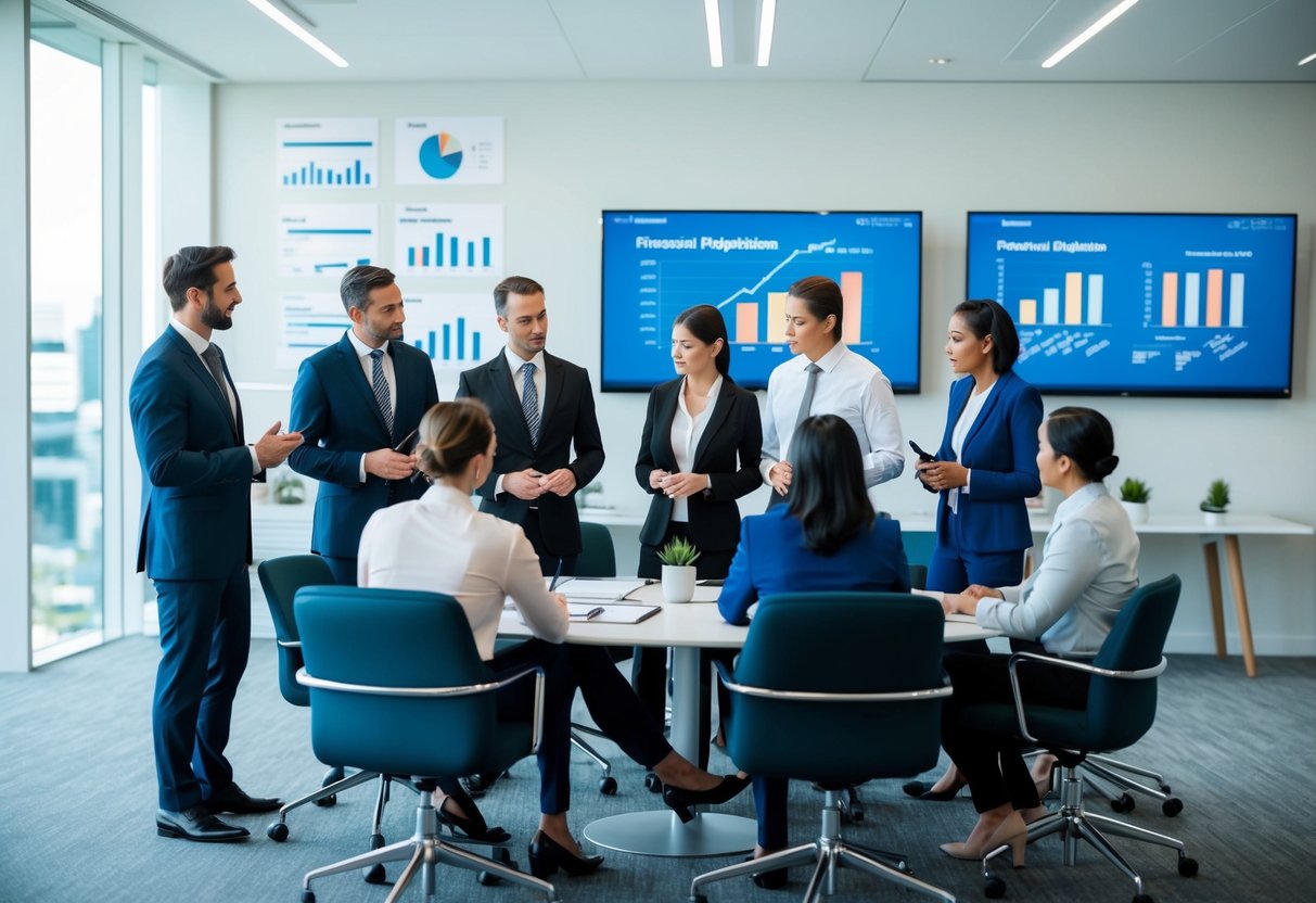 A group of people discussing financial regulations in a modern office setting in Australia. Charts and graphs are displayed on the walls, and the atmosphere is professional and focused