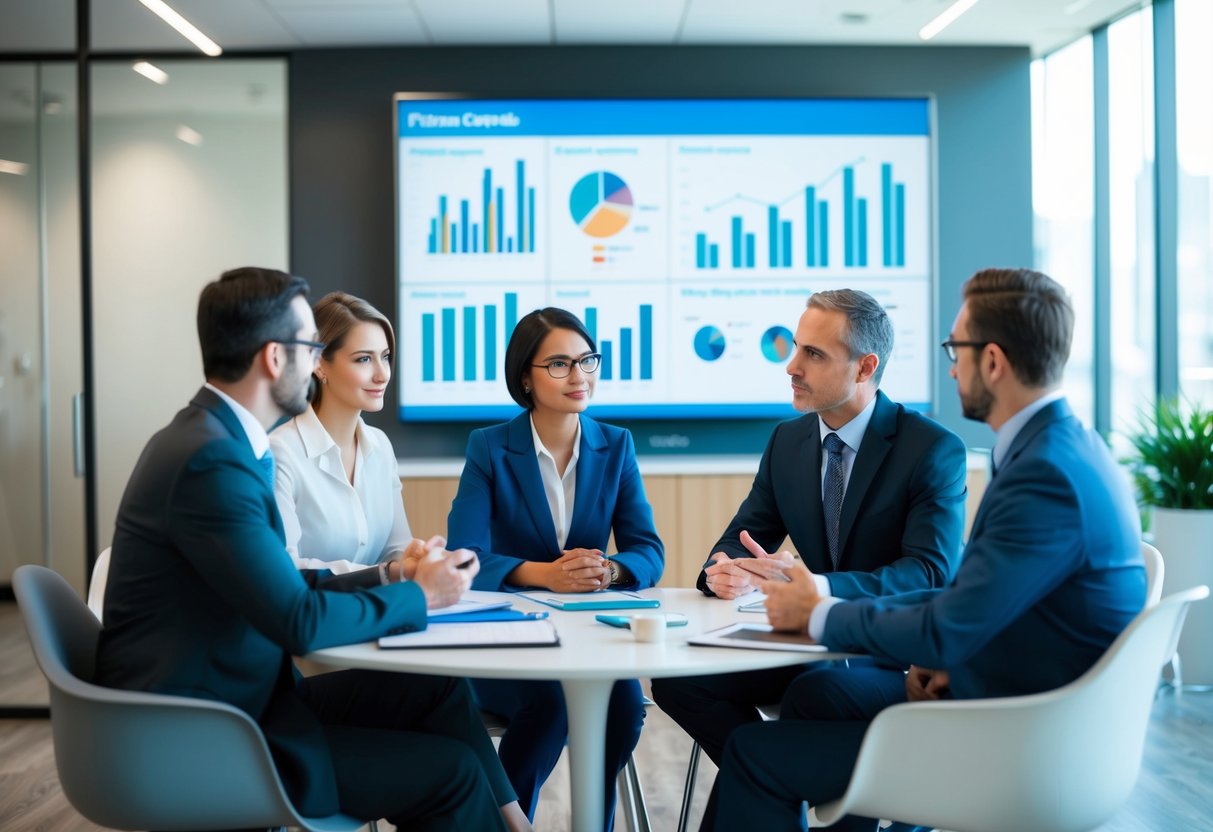 Several people discussing financial matters in a modern office setting, with charts and graphs displayed on a large screen in the background