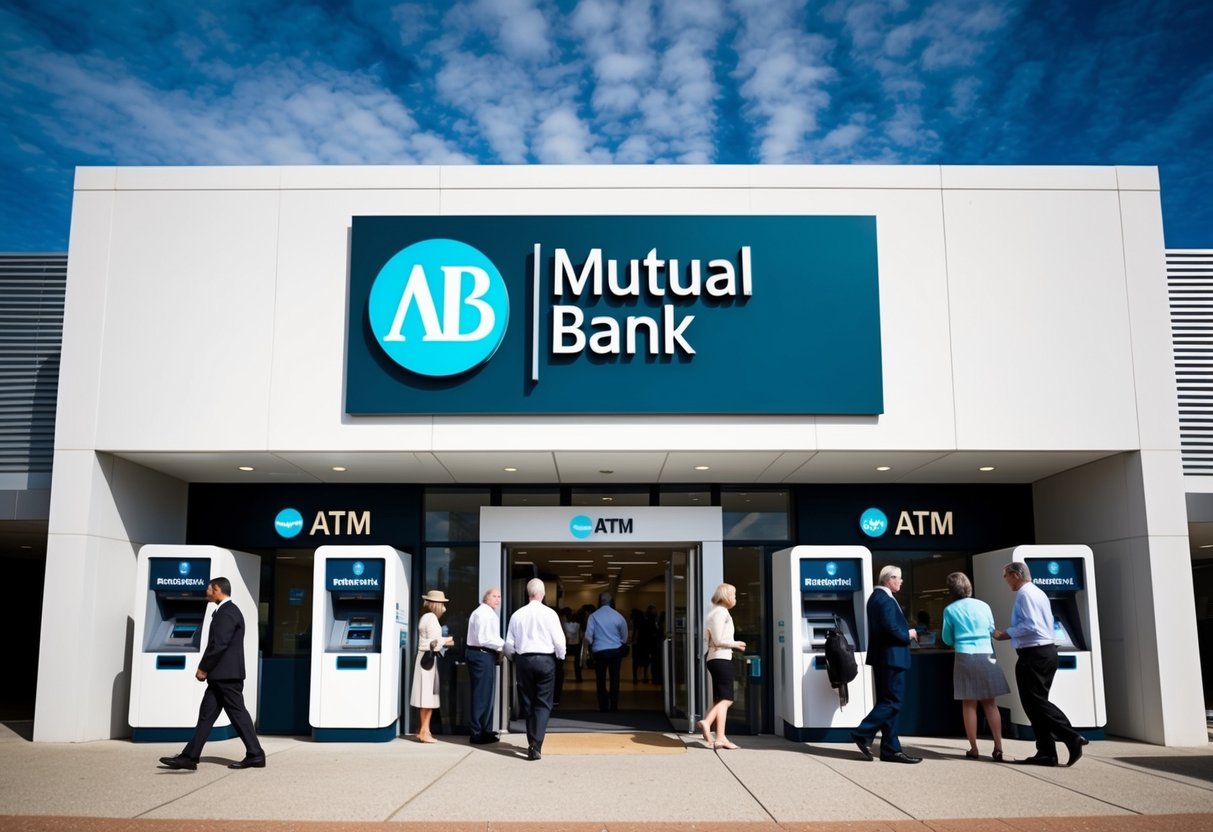 A mutual bank in Australia, with a modern building and a welcoming entrance. People are seen entering and exiting the bank, while others are using the ATM. The bank's logo is prominently displayed on the building