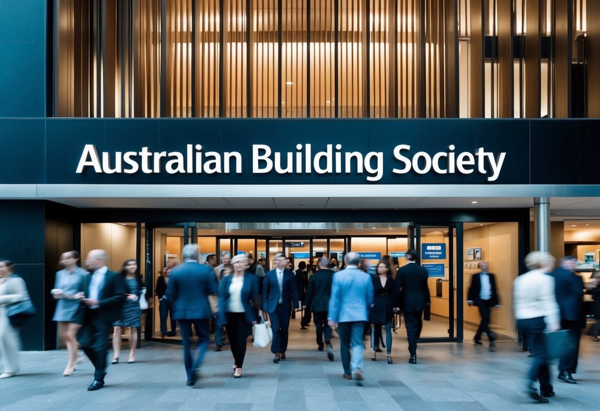 A bustling Australian building society with a modern, sleek exterior and a steady flow of people entering and exiting