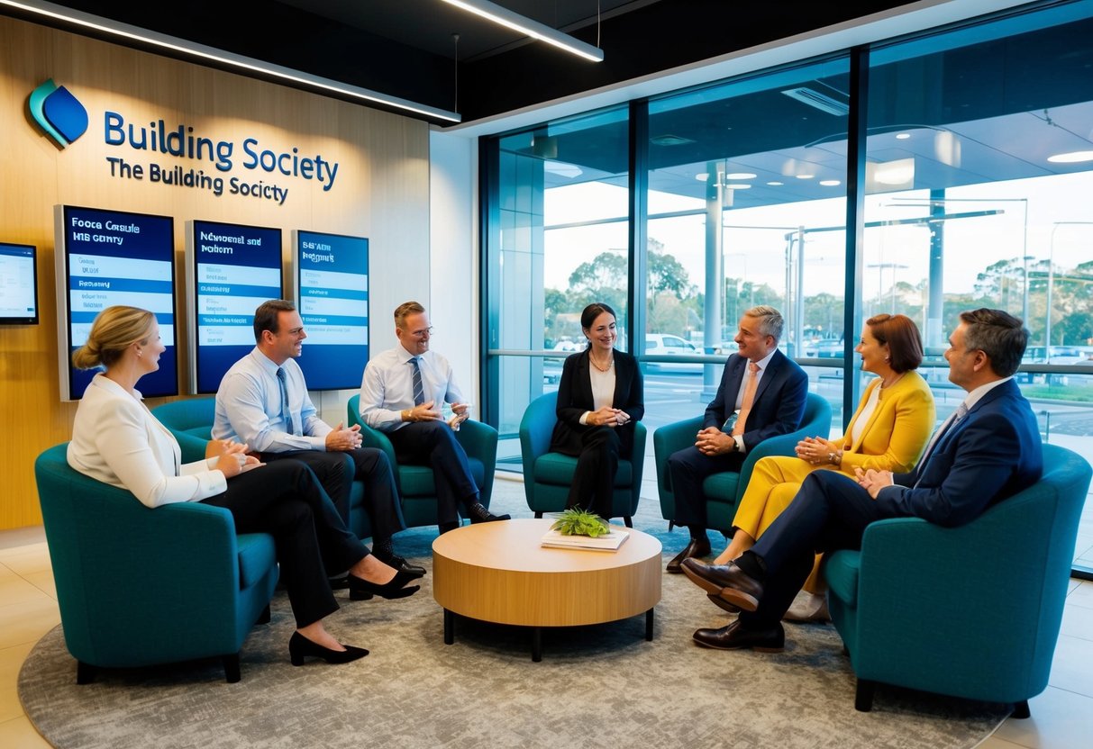 A group of people discussing interest rates and saving options at a building society in Australia. The building society is a modern, welcoming space with comfortable seating and informative displays