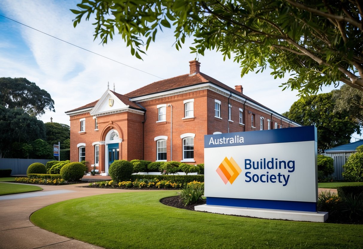 A building society in Australia: A traditional brick building with a prominent sign displaying the name of the society, surrounded by neatly landscaped gardens