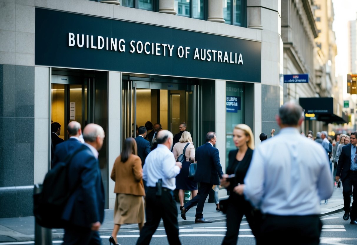 A bustling city street with a prominent building bearing the sign "Building Society of Australia." People entering and exiting the building