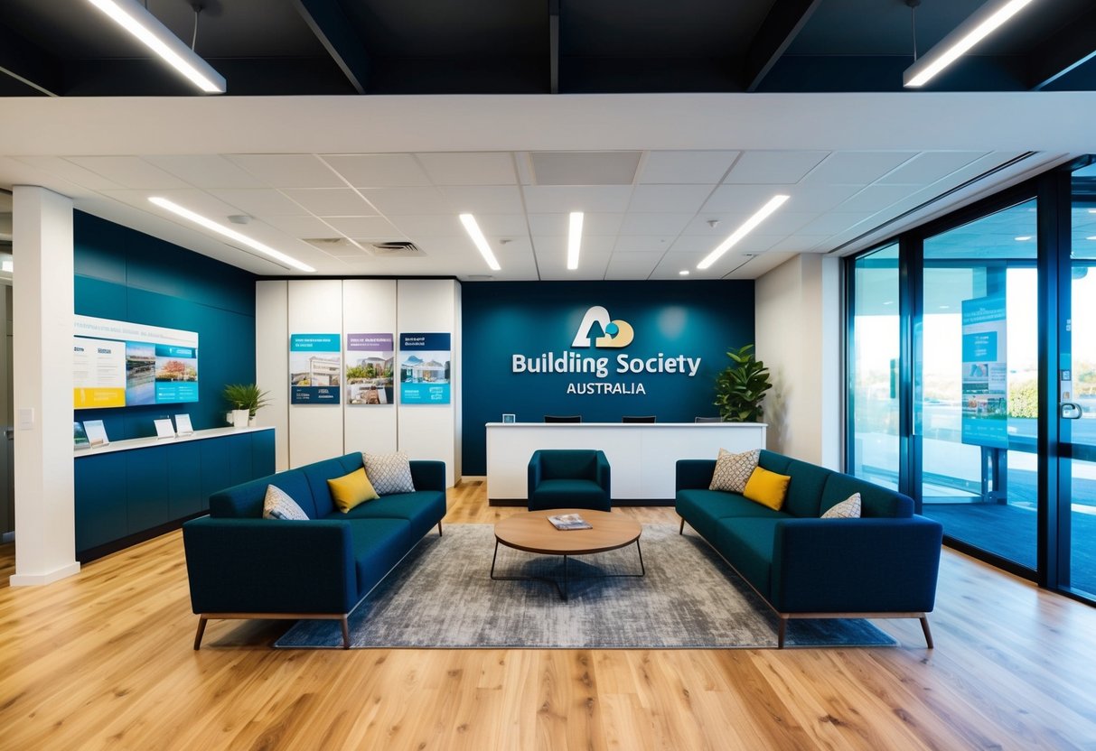 A building society in Australia: a modern office with a welcoming reception area, comfortable seating, and informative brochures on display