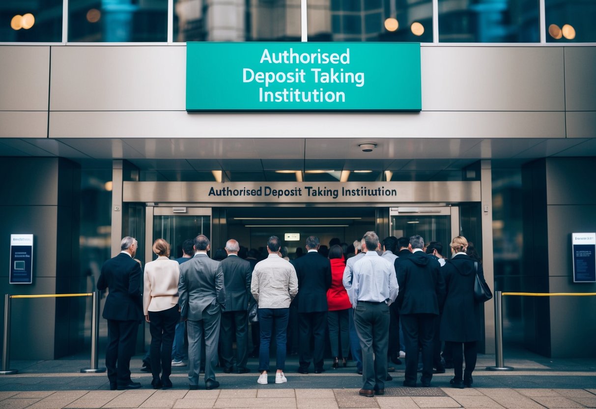 A building with a sign displaying "Authorised Deposit Taking Institution" above the entrance, with people lined up inside