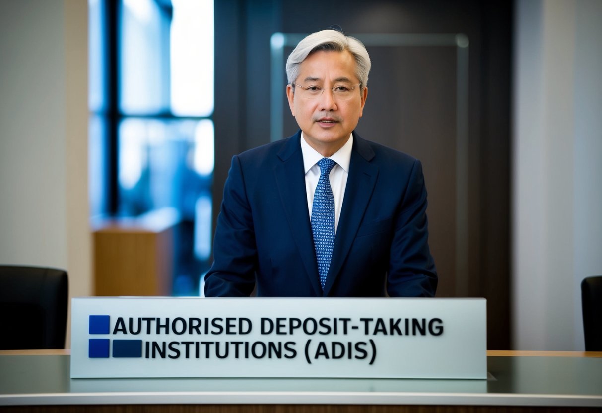 An authoritative figure standing behind a desk, with a sign reading "Authorised Deposit-Taking Institutions (ADIs)" displayed prominently