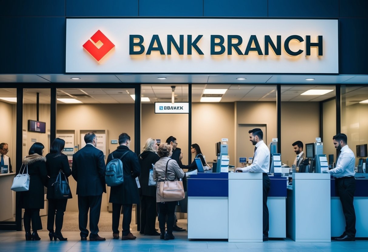 A bank branch with a sign displaying the name of the institution, a queue of people waiting to be served, and tellers assisting customers at their stations