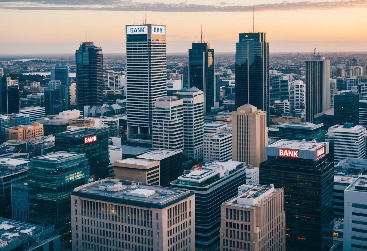 A bustling cityscape with various bank buildings and ATMs, depicting the presence and influence of authorised deposit-taking institutions on Australia's financial stability